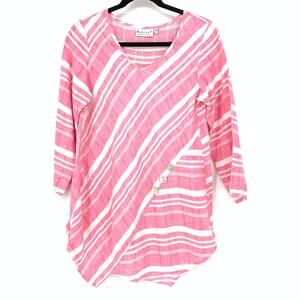 Habitat Blouse Women's Size Small Linen Asymmetrical Hem Pink White Striped Top
